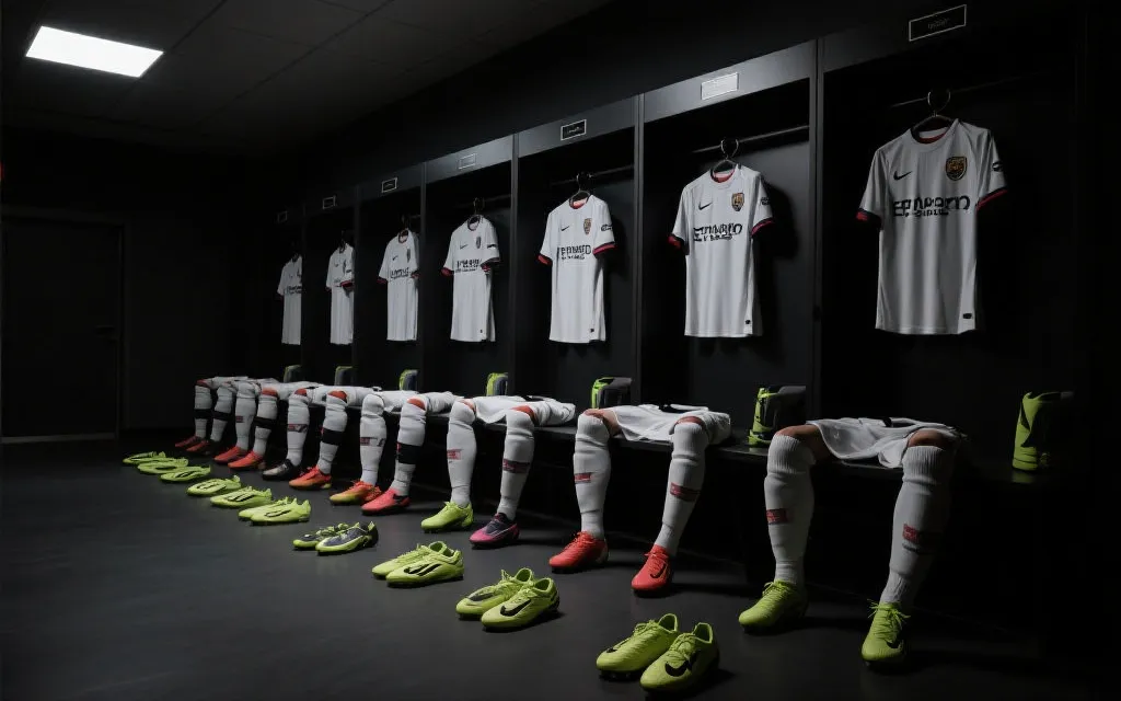 赛前更衣室：球衣与护腿板整齐摆放，聚光灯下充满仪式感