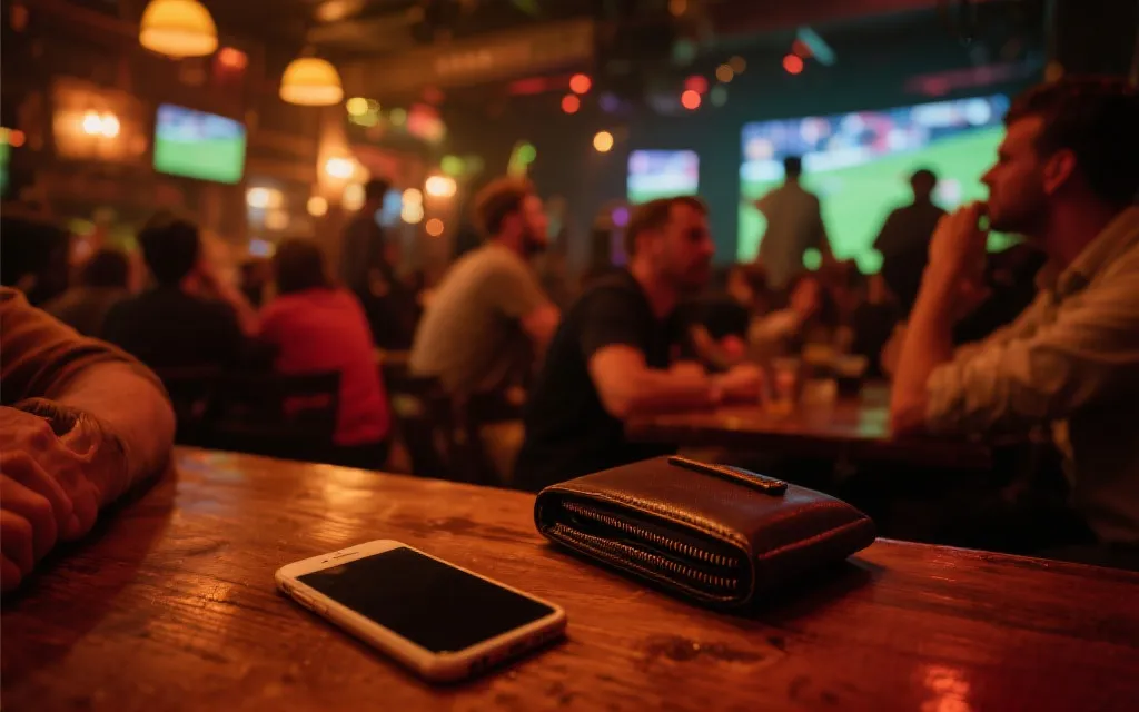 酒吧观赛桌面上的手机与钱包安全放置示意，低调温暖的室内光线