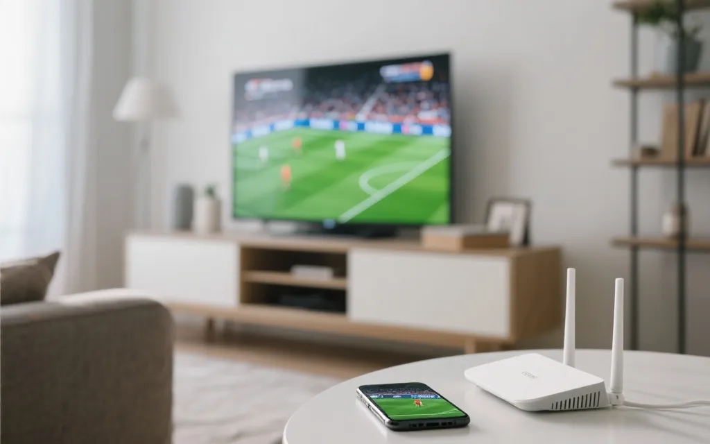 客厅电视显示足球比赛画面，旁边手机与路由器，强调清晰度与稳定性